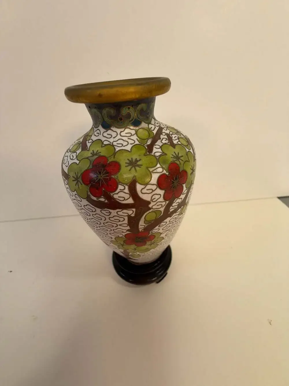 Vintage‎ Chinese Cloisonné Enamel Floral Vase with Wooden Stand